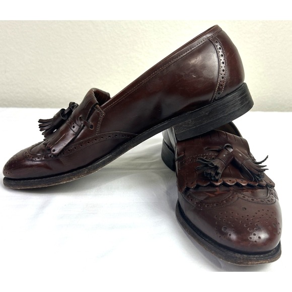 Johnston & Murphy Optima Sz 9.5 C Brown Leather Tassels Wing Tip Slip On Preppy - Picture 3 of 13